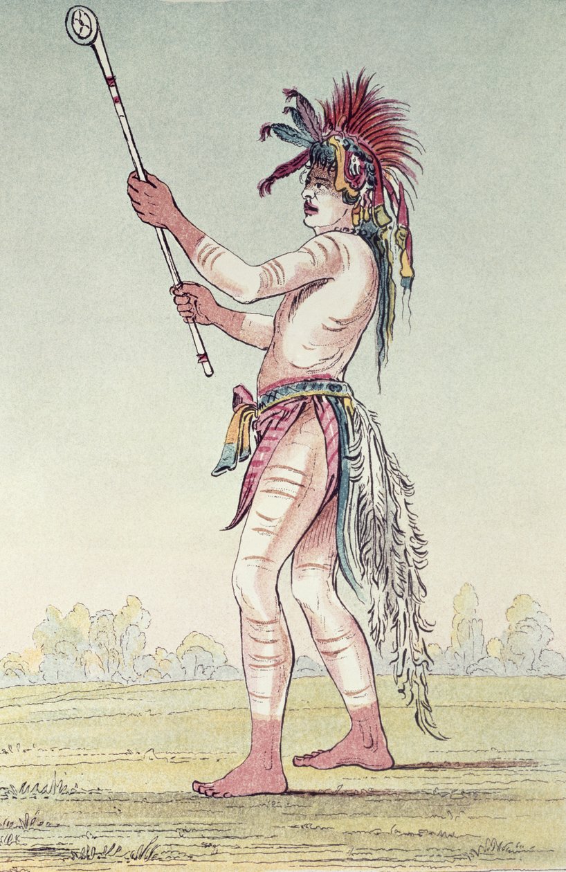 Jogador de bola Sioux Nós-Chush-Ta-Doo-Ta, "O Homem Vermelho" (litho colorido à mão) de George Catlin