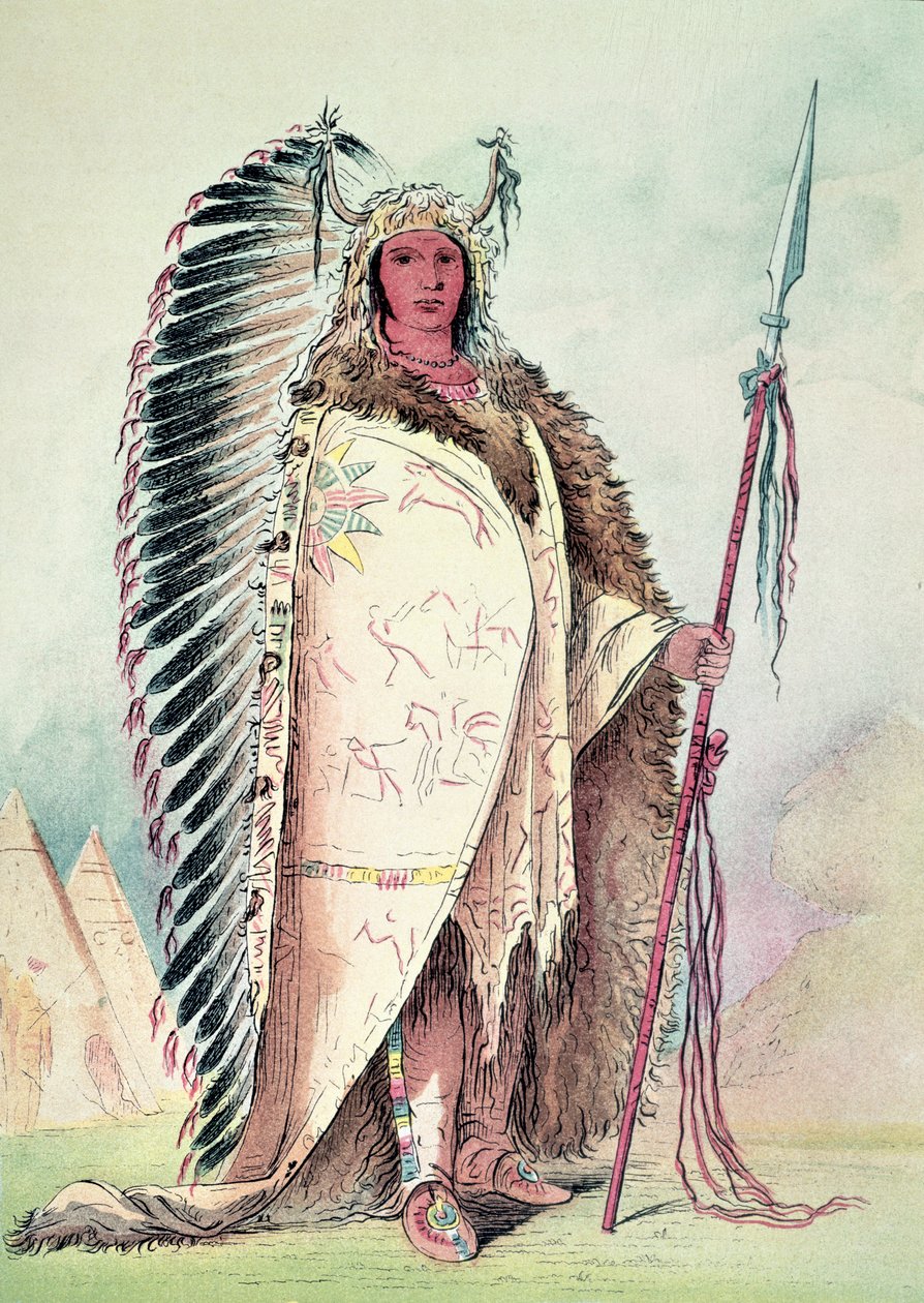 Chefe Sioux, "The Black Rock" (lito colorido à mão) de George Catlin