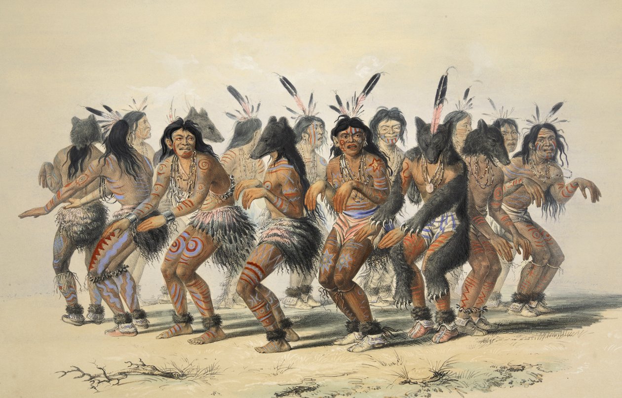 The Bear Dance (detalhe), da Catlins North American Indian Portfolio. Cenas de caça e diversões das Montanhas Rochosas e Prairies of America, pub. 1845 de George Catlin