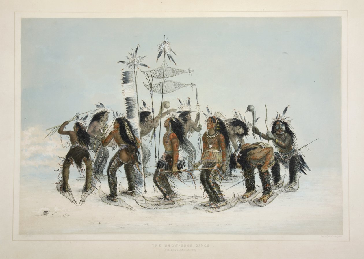 The Snow Shoe Dance, da Catlins North American Indian Portfolio. Cenas de caça e diversões das Montanhas Rochosas e Prairies of America, pub. 1845 de George Catlin