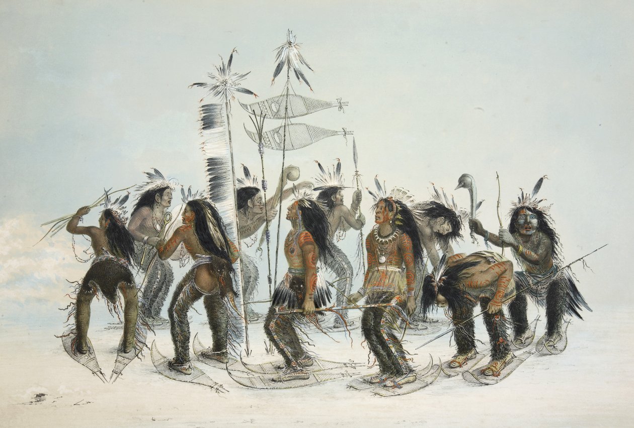The Snow Shoe Dance, da Catlins North American Indian Portfolio. Cenas de caça e diversões das Montanhas Rochosas e Prairies of America, pub. 1845 de George Catlin