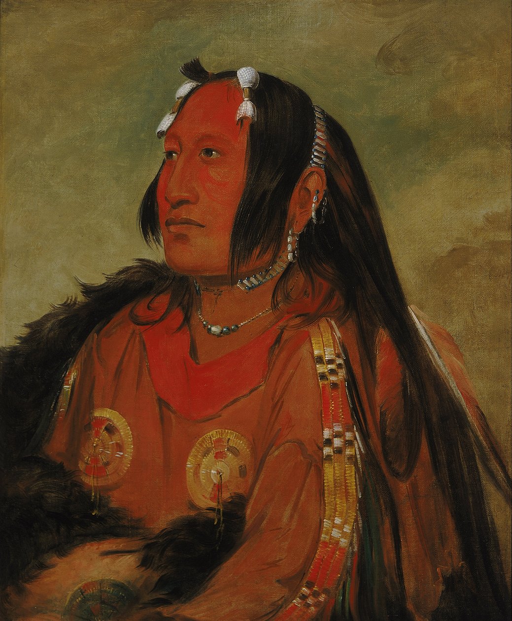 Wi-jún-jon, cabeça de ovo de pombos (a luz), um jovem guerreiro distinto de George Catlin