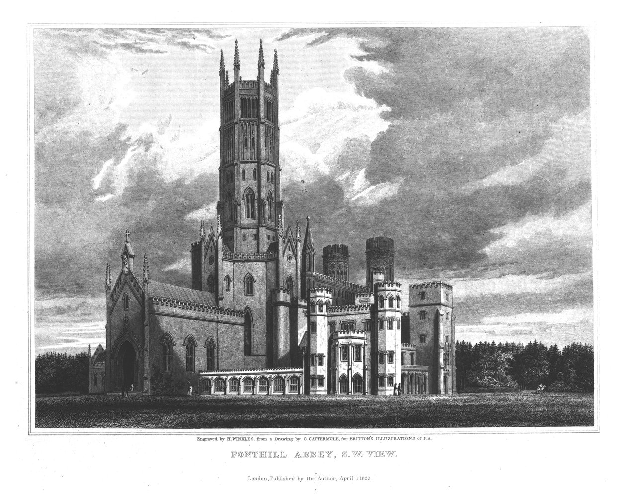 Abadia de Fonthill, do sudoeste, de "Ilustrações gráficas e literárias da abadia de Fonthill", de John Britton, gravada por H. Winckles, 1823 de George Cattermole