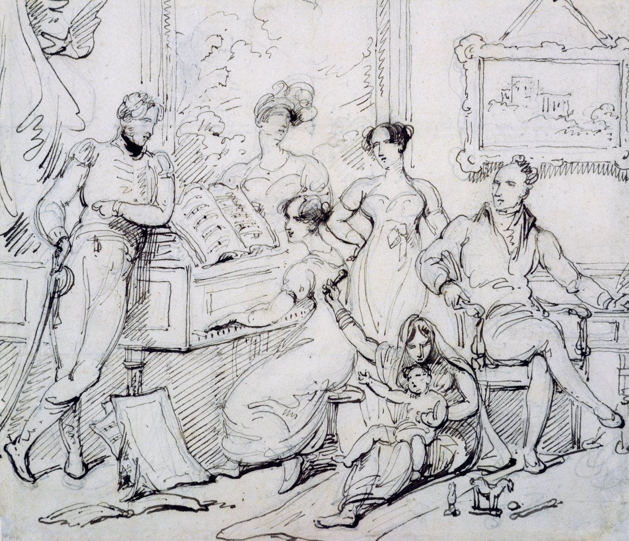 Um grupo familiar em torno de um piano (caneta e tinta marrom com grafite sobre papel) de George Chinnery