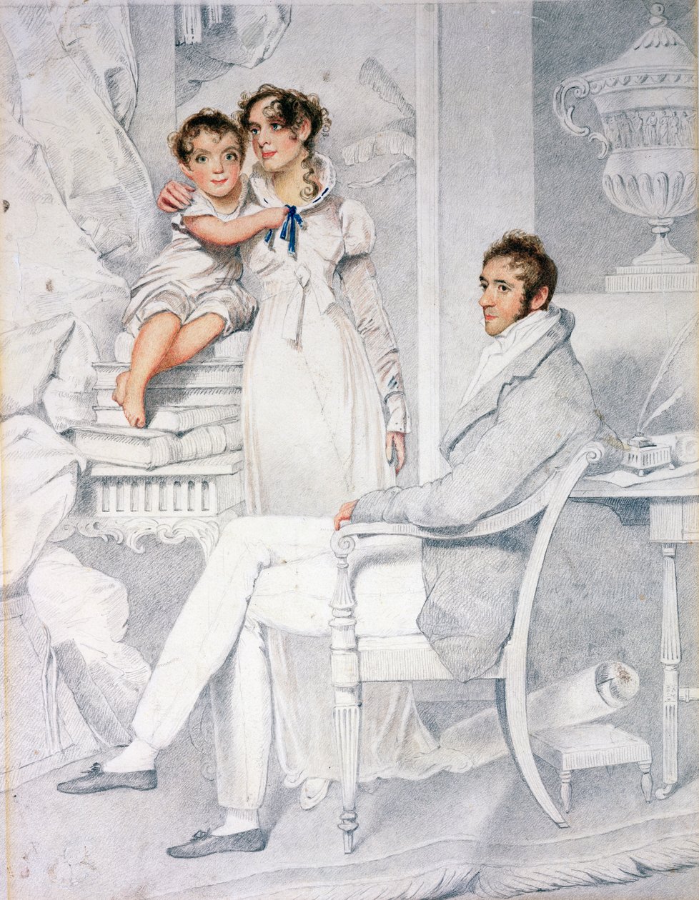 Sr. e Sra. Richmond Thackeray e seu filho, William Makepeace Thackeray (1811-63) 1814 (lápis e wc no papel) de George Chinnery