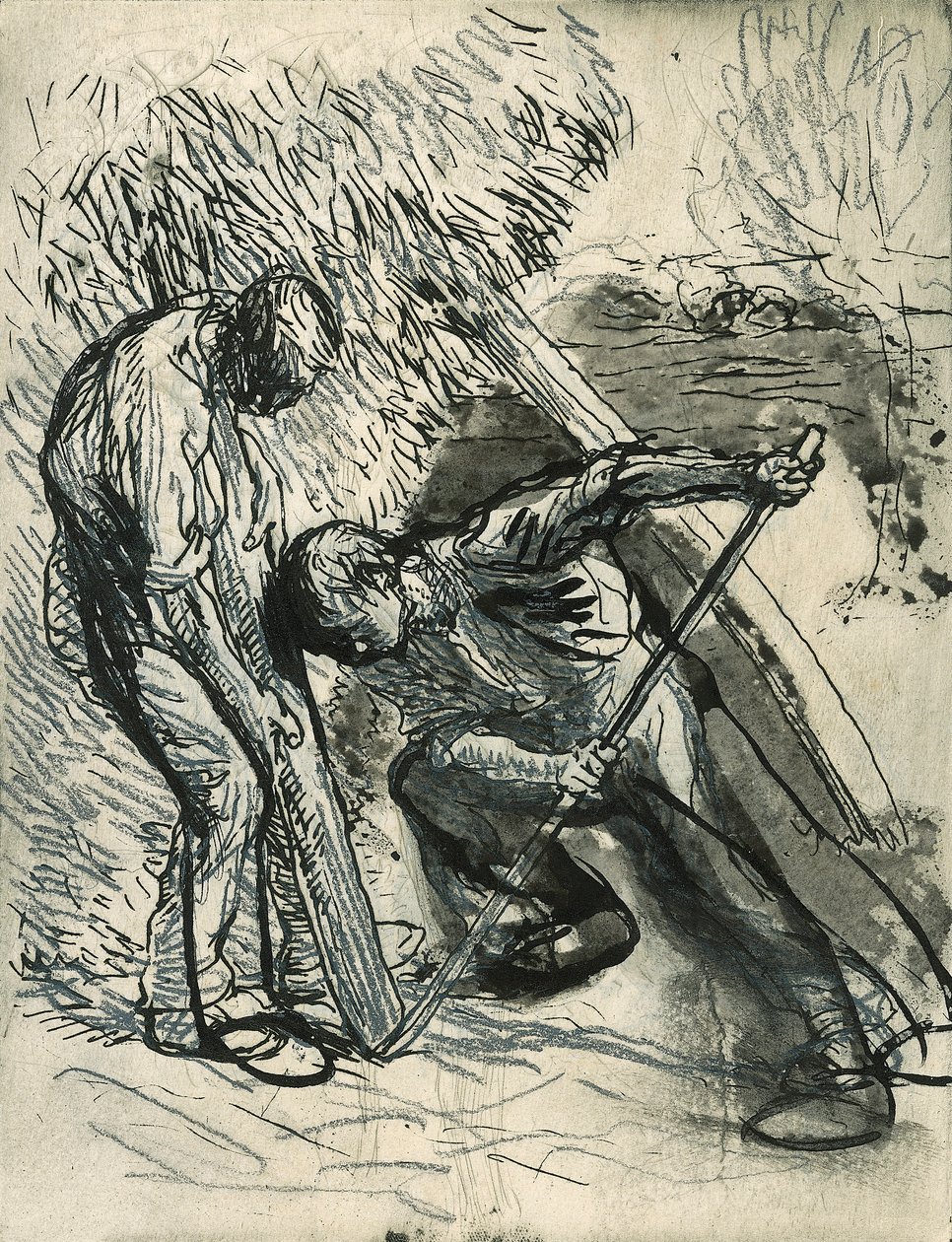 Propping the Rick, c.1900 (lápis, caneta e tinta sobre uma gravação à prova) de George Clausen