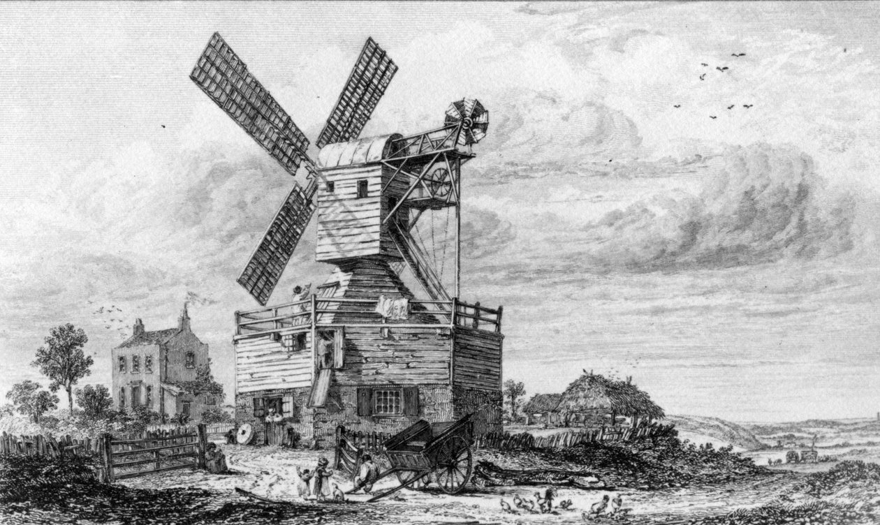 Moinho em Wimbledon Common, de "Visões de Cooke em Londres e sua vizinhança", c.1826-34 de George Cooke