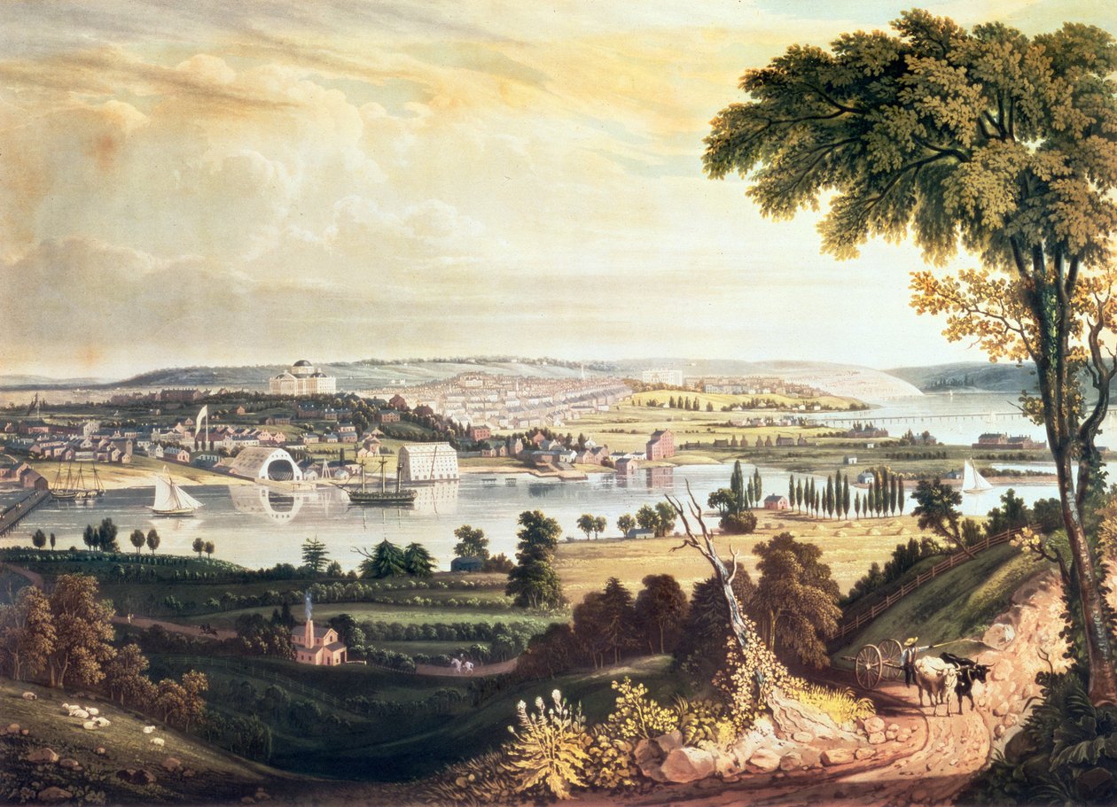 A cidade de Washington de além do estaleiro da Marinha, gravada por William James Bennett, c.1824 (aquatint) de George Cooke