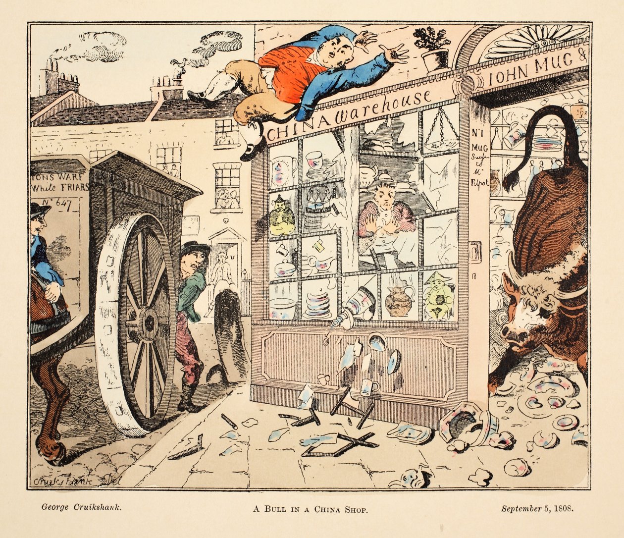 Um touro em uma loja de China, bar. 1808 (gravura colured a mão) de George Cruikshank