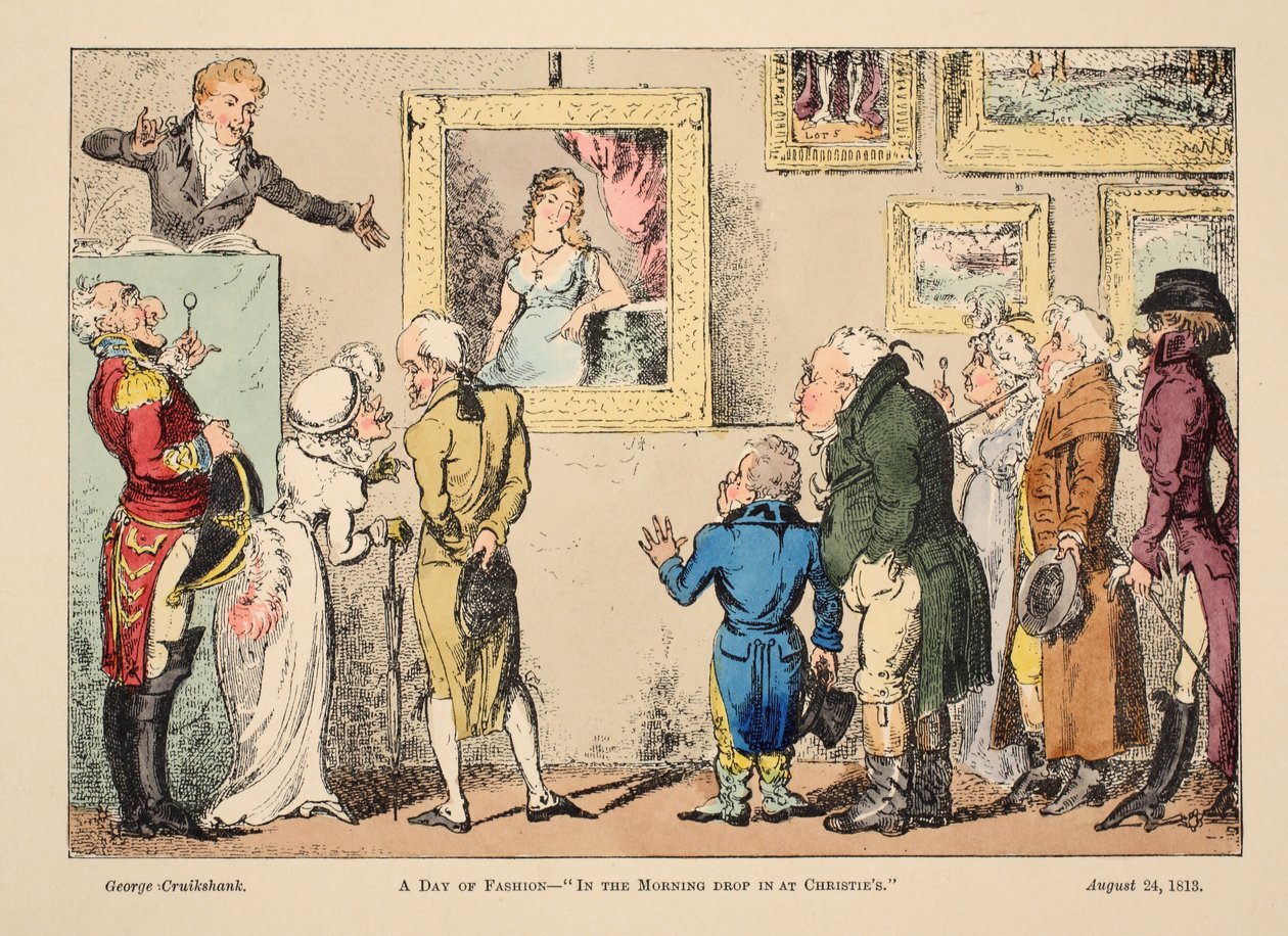 Um dia de moda - de manhã, em In Christies, pub. 1813 (gravura colorida à mão) de George Cruikshank