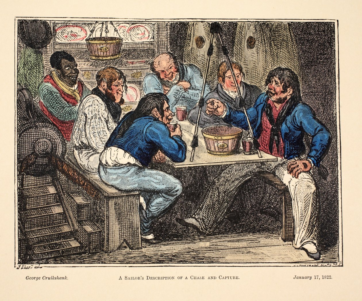 A descrição de um marinheiro de uma perseguição e captura, pub. 1822 (gravura colorida à mão) de George Cruikshank