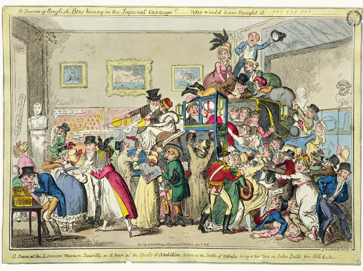 Um Enxame de Abelhas Inglesas Hiving in the Imperial Carriage !! - Quem teria pensado isso !! Uma cena no Museu de Londres, Piccadilly, ou uma espreitadela nos espólios da ambição tirada na Batalha de Waterloo, de George Cruikshank