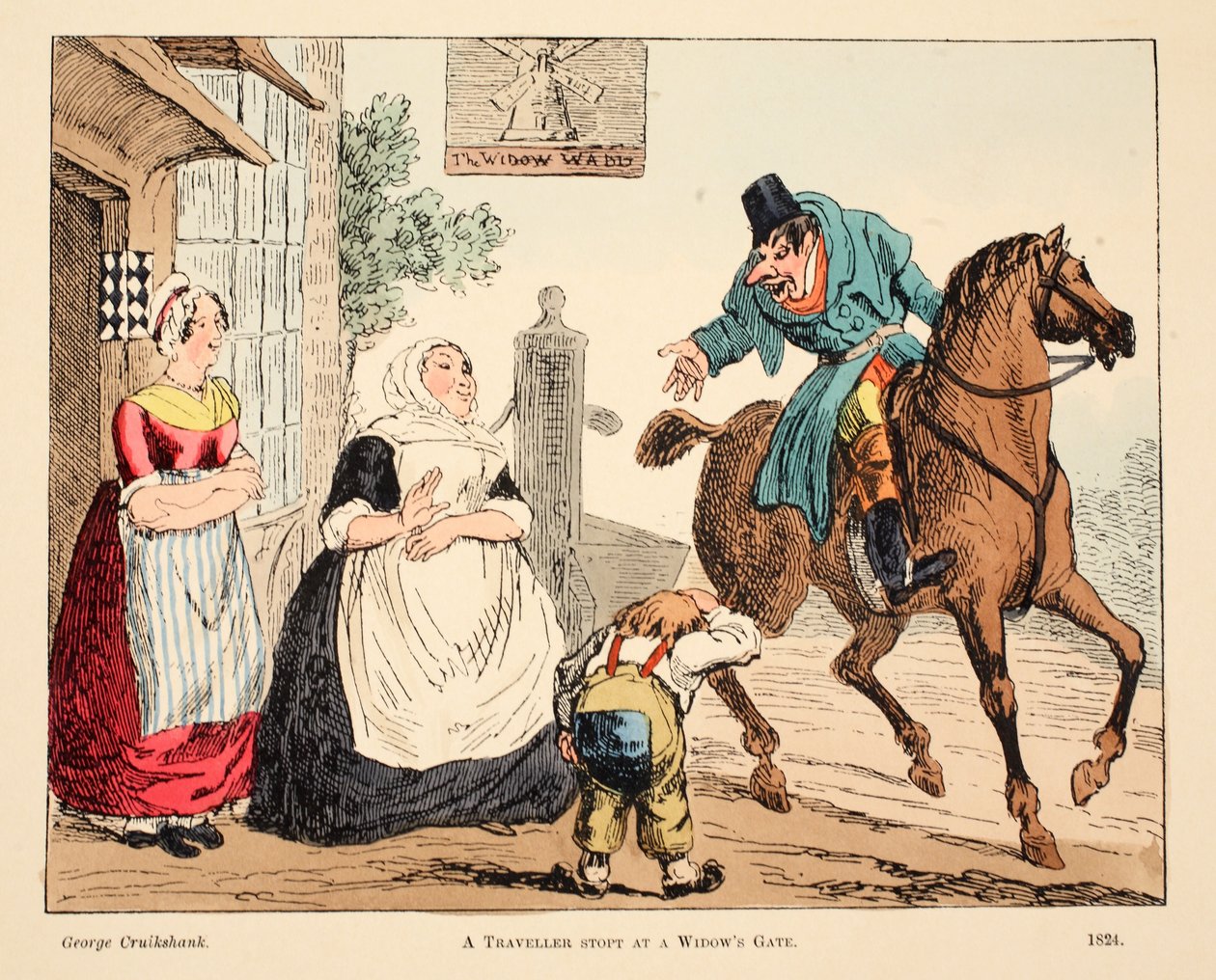 Um Traveler Stopt no Portão de uma Viúva, pub. 1824 (gravura colorida à mão) de George Cruikshank
