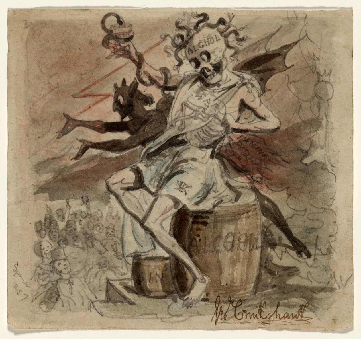 Álcool, Morte e o Diabo, 1830 (wc no papel) de George Cruikshank