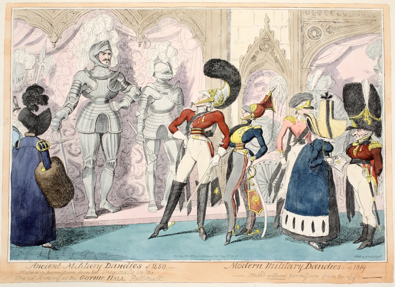 Dandies militares antigos de 1450, dândis militares modernos de 1819, 1835 (gravura colorida à mão) de George Cruikshank