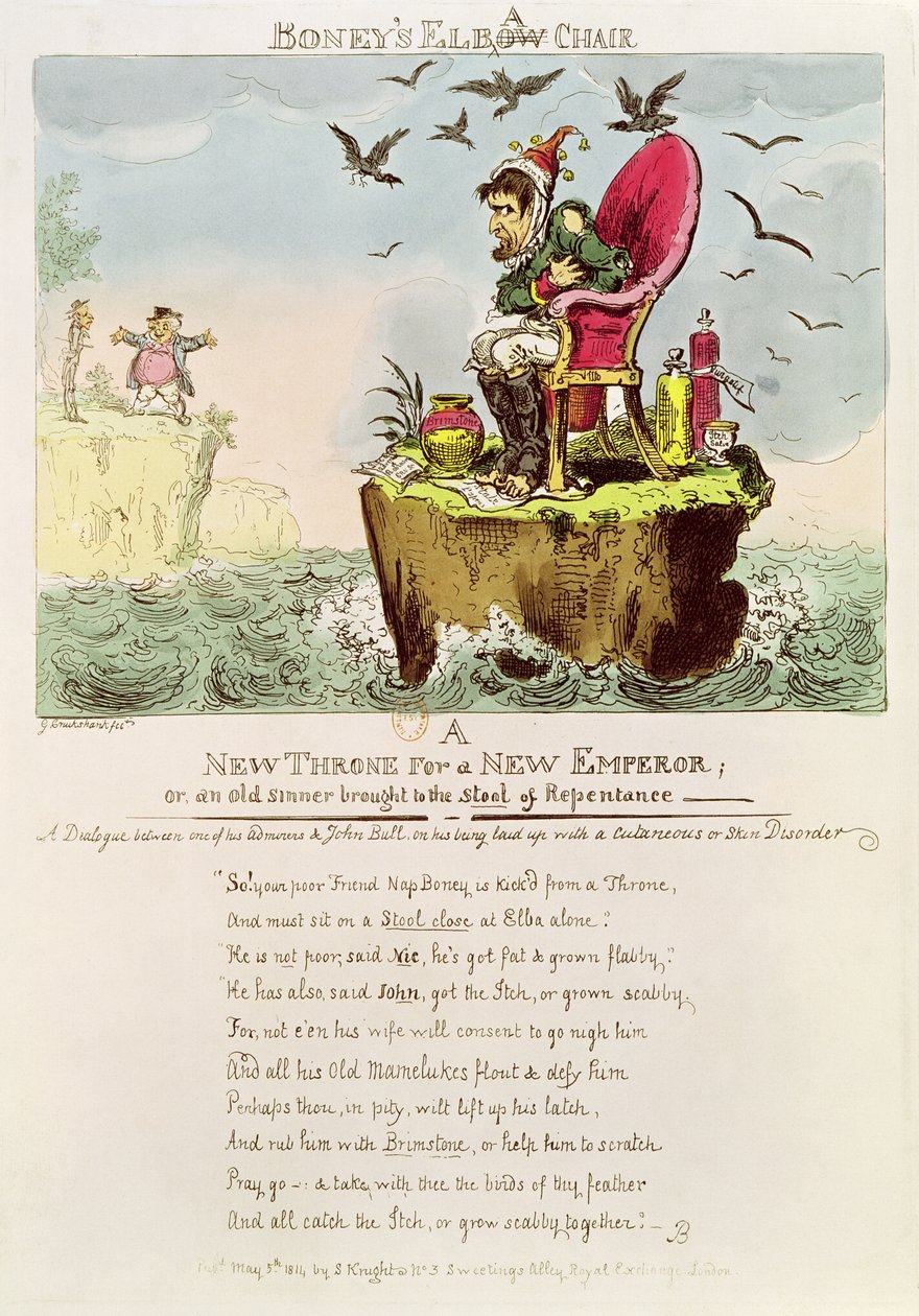 Boney&39;s Elba Chair, publicado por S. Knight, Londres, 5 de maio de 1814 de George Cruikshank