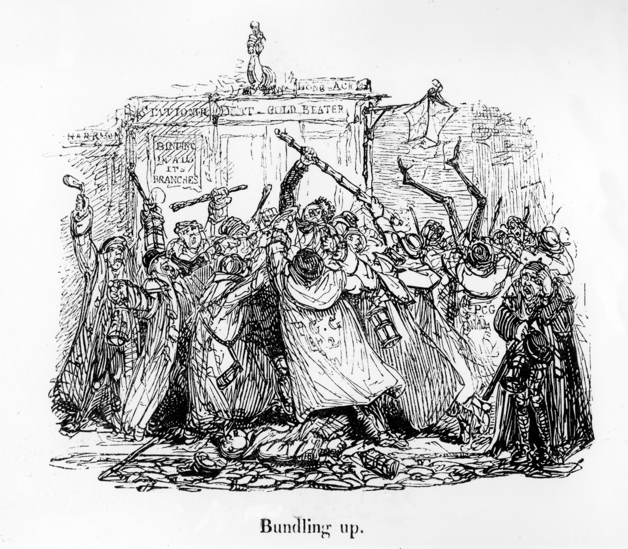 Empacotando acima, ilustração de &39;manhãs na rua da curva: Uma seleção dos relatórios os mais cómicos e divertidos que apareceram no&39; Morning Herald &39;por John Wight, 1838 de George Cruikshank