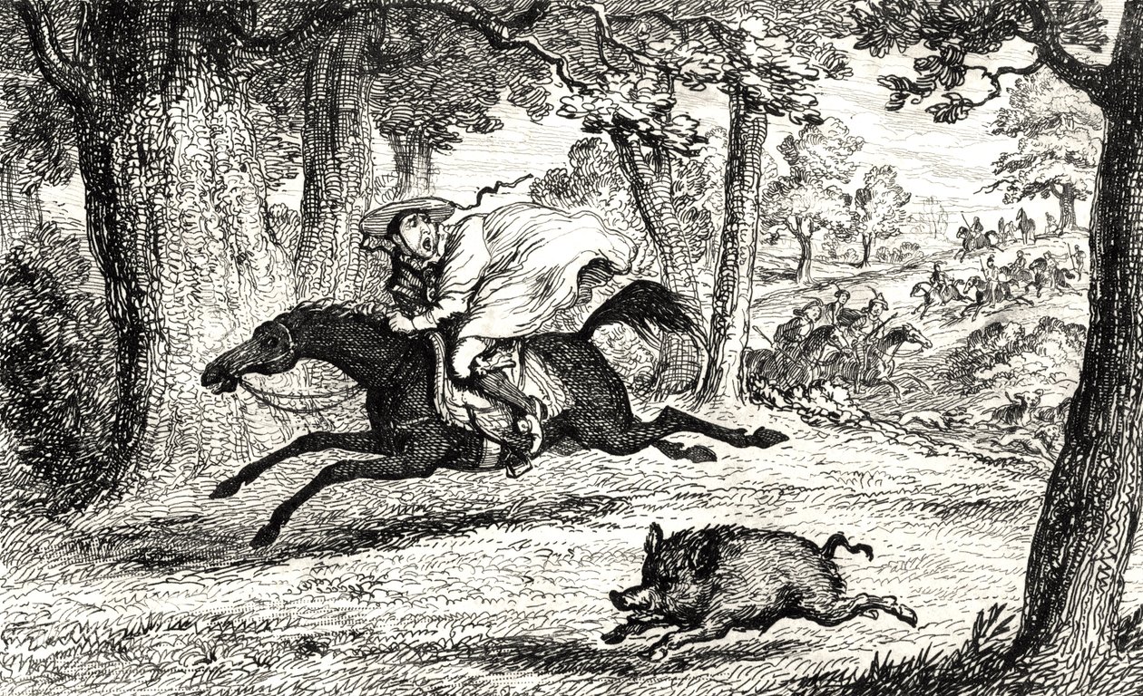 Cardeal John de Belue perseguindo um javali, ilustração de &39;Quentin Durward&39; por Sir Walter Scott (1771-1832) publicado em 1845 de George Cruikshank