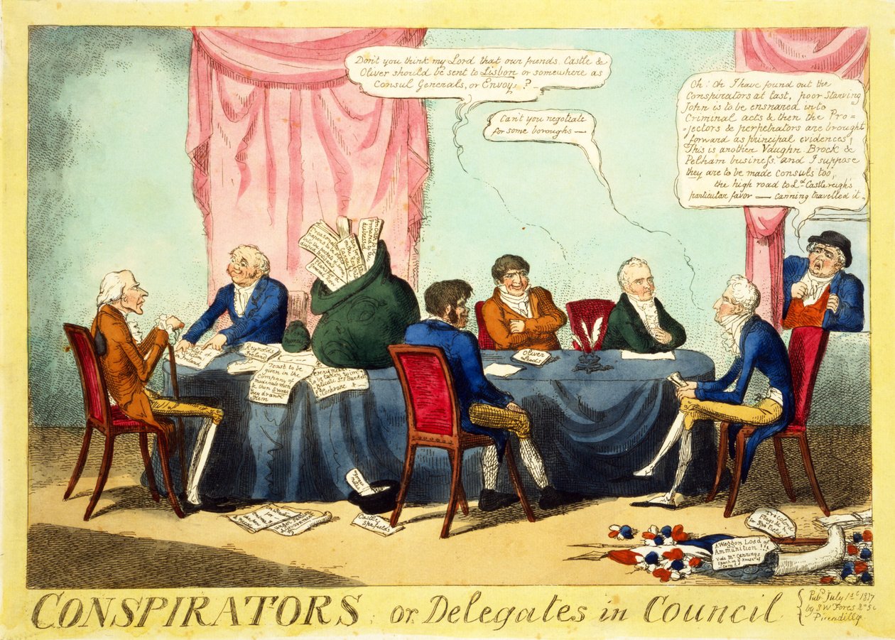 Conspiradores ou Delegados no Conselho, 1817 (gravura colorida à mão) de George Cruikshank