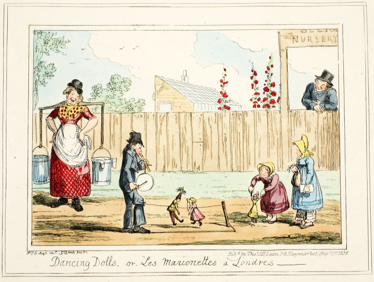 Dancing Dolls ou &39;Les Marionettes a Londres&39;, 1835 (gravura colorida à mão) de George Cruikshank