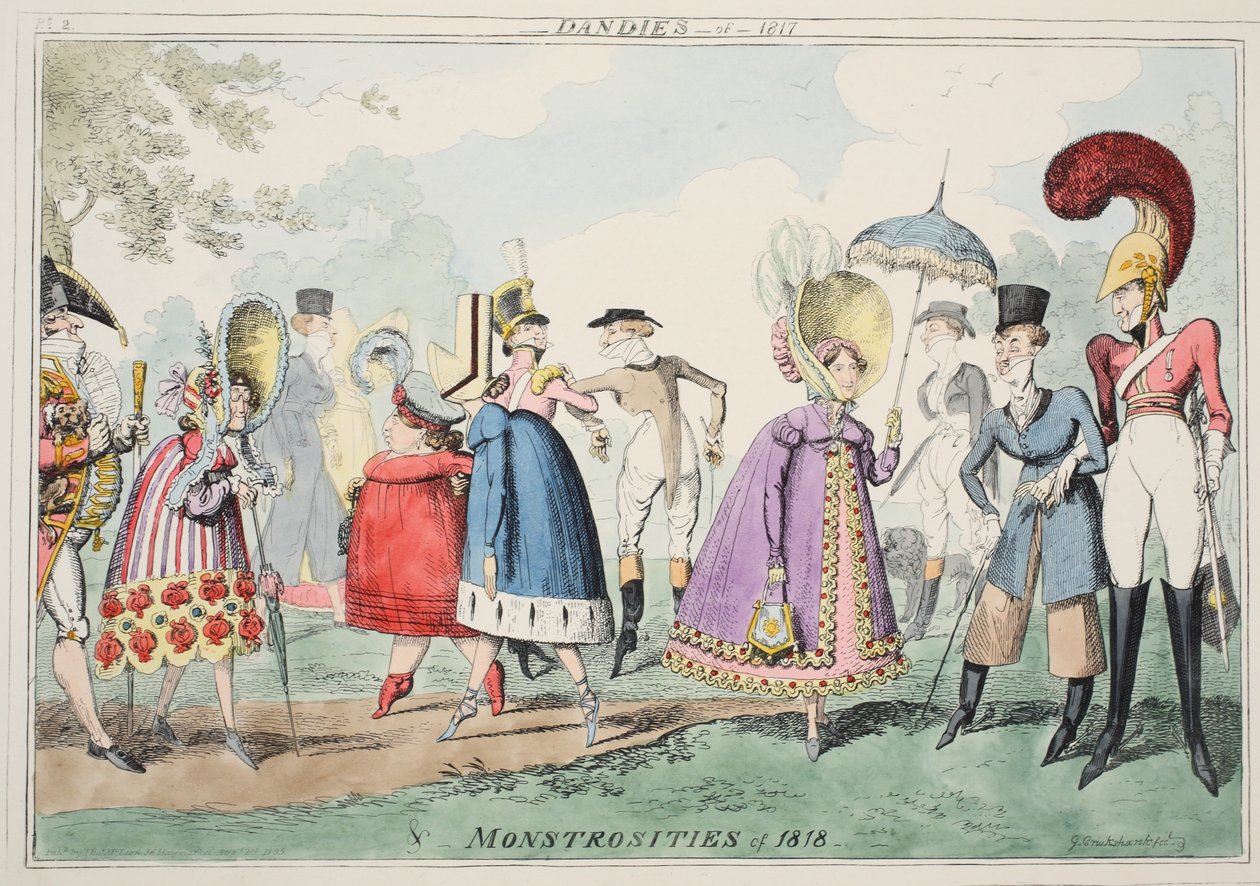 Dândis de 1817 e Monstruosidades de 1818, pub. 1835 (aquatinta colorida à mão) de George Cruikshank