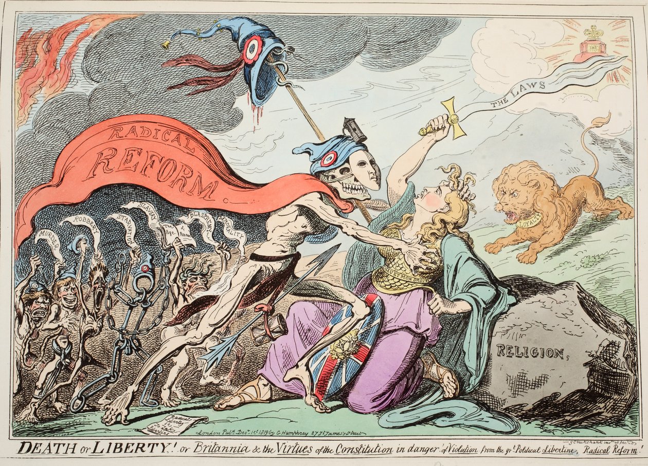 Morte ou Liberdade! Or Britannia und the Virtues of the Constitution em perigo de violação da Grande Libertina Política, Reforma Radical !, pub. 1819 (gravura colorida à mão) de George Cruikshank