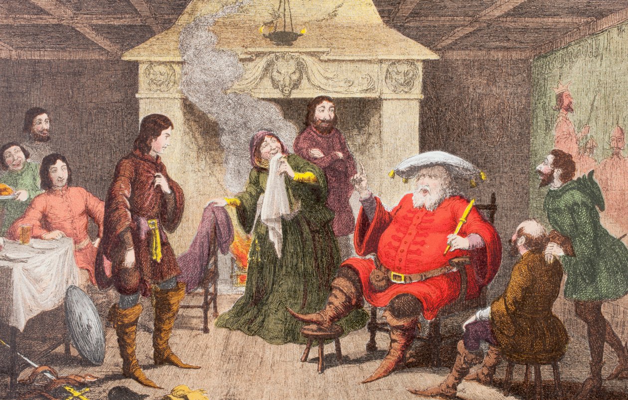 Falstaff encena a parte do rei em Henrique IV, Parte I, Ato II, Cena IV, de "A Biblioteca Ilustrada de Shakespeare", publicada em 1890 em Londres. de George Cruikshank