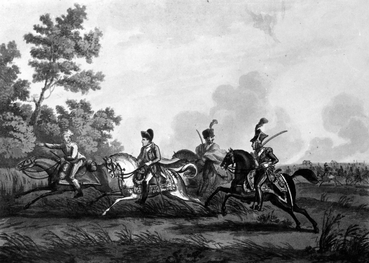 Vôo de Bonaparte do Campo de Waterloo acompanhado por seu Guia, 1816 de George Cruikshank