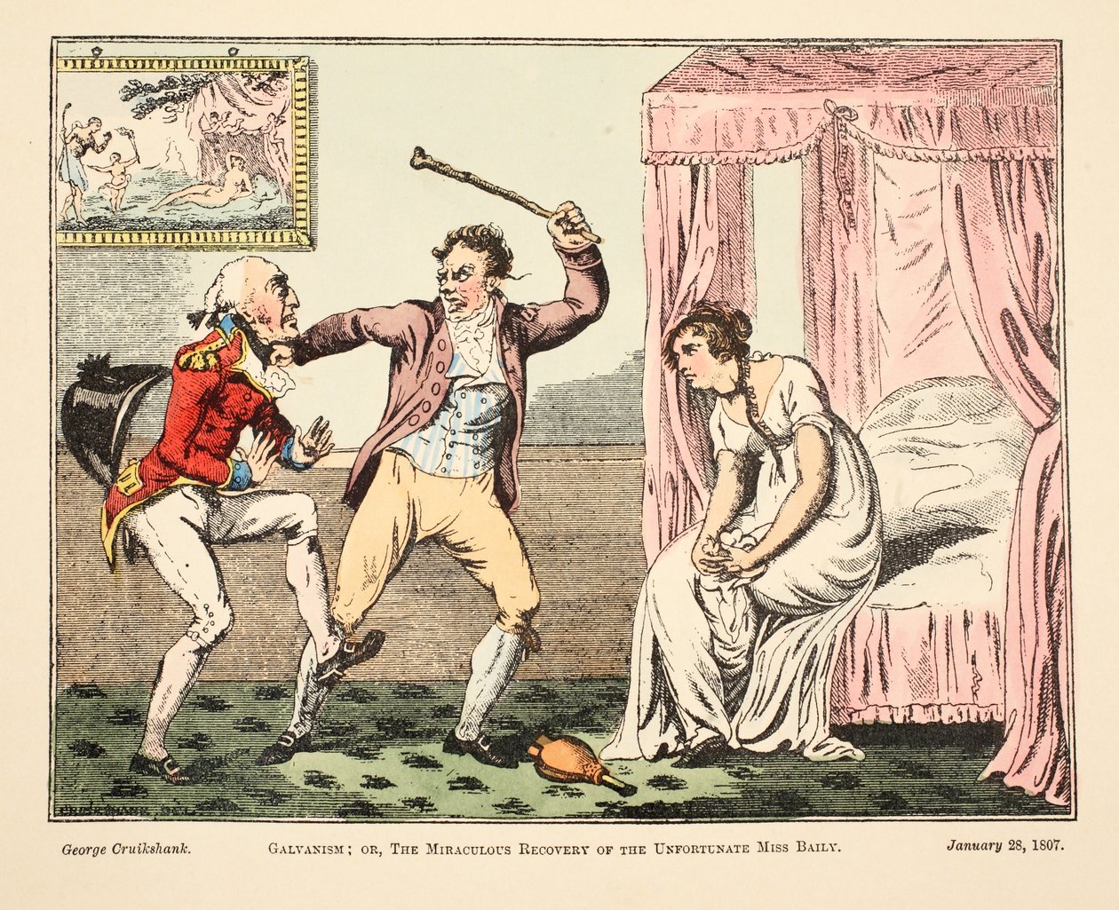 Galvanismo; ou a Recuperação Milagrosa do Unfortnate Miss Baily, pub. 1807 (gravura colorida à mão) de George Cruikshank