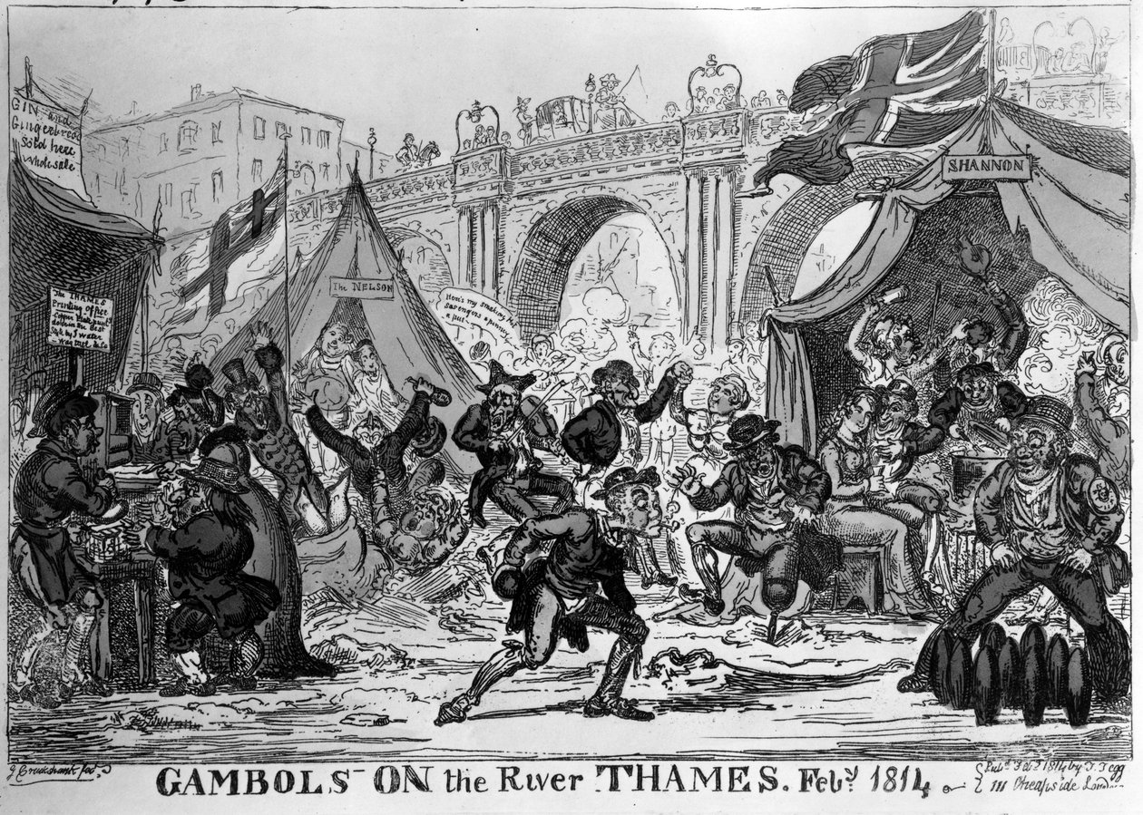 Gambóis no rio Tamisa, 1814 (gravura à mão colorida) de George Cruikshank