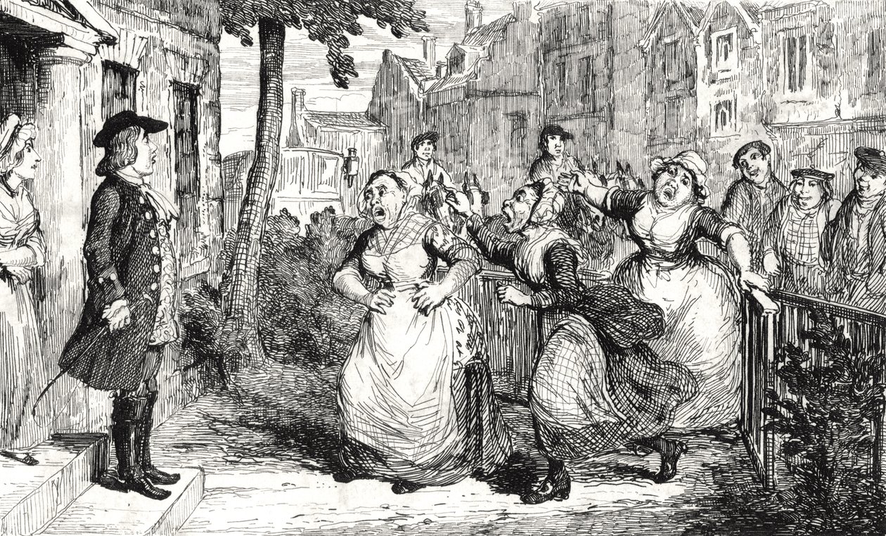 Cinza de Gideon que endereça as esposas de Middlemas, ilustração de "a filha do cirurgião" por Sir Walter Scott (1771-1832) publicou 1846 de George Cruikshank
