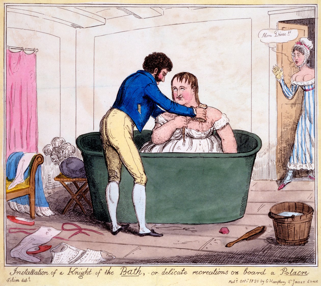 Instalação de um Cavaleiro do Banho, ou recriações delicadas a bordo de uma Polacre, 1820 (gravura colorida à mão) de George Cruikshank