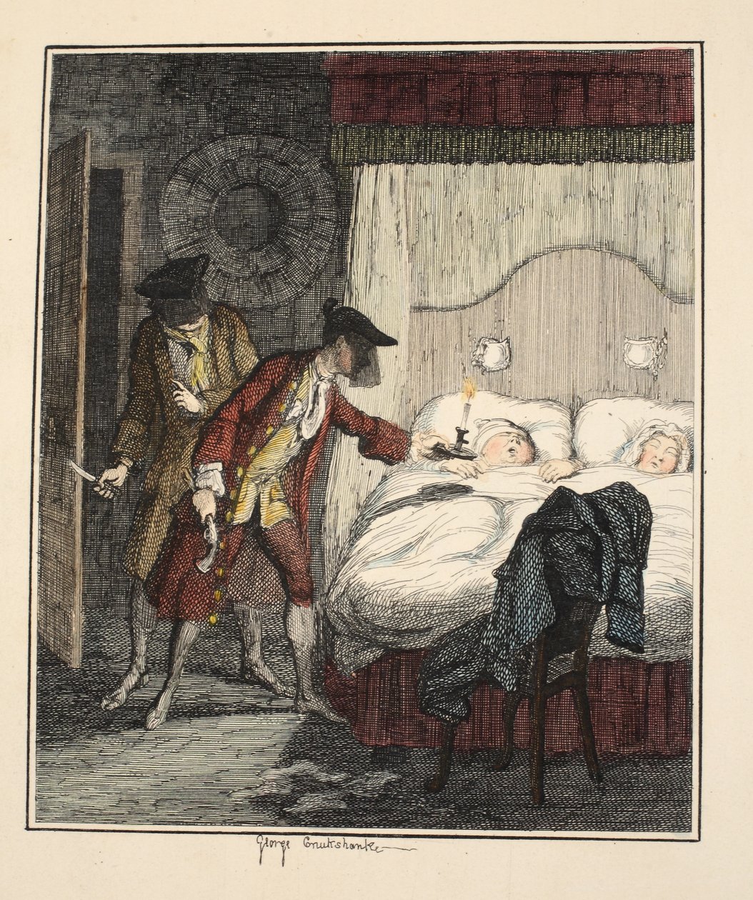 Jack Sheppard & Blueskin na cama do Sr. Woods, ilustração de Jack Sheppard: Um Romance de William Harrison Ainsworth, publicado em 1839 (gravura colorida à mão) de George Cruikshank