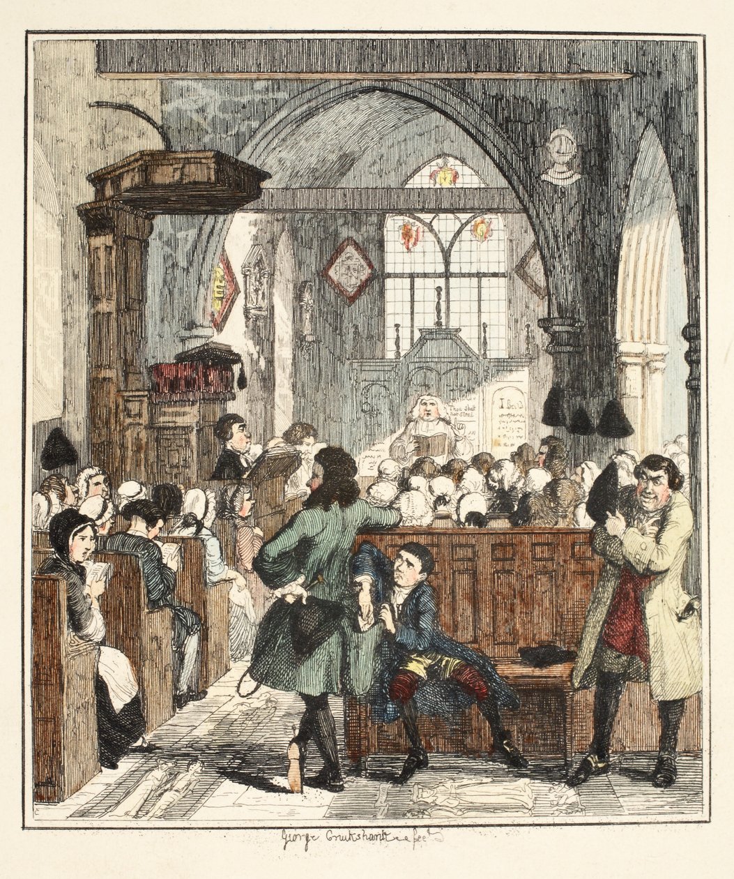 Jack Sheppard cometer um assalto na Igreja de Willesden, ilustração de Jack Sheppard: Um Romance de William Harrison Ainsworth, publicado em 1839 (gravura colorida à mão) de George Cruikshank
