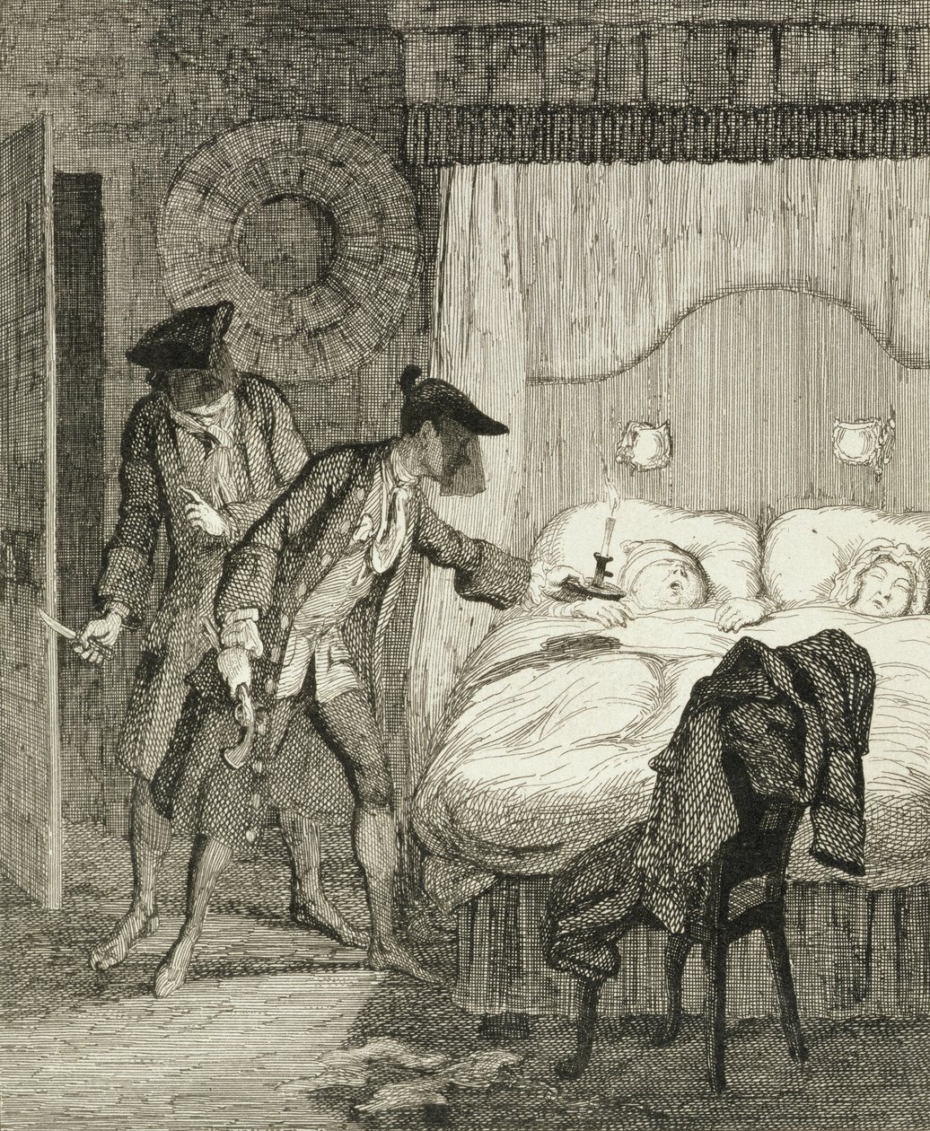 Jack e seu cúmplice Blueskin roubam o Sr. Wood e sua esposa em seu quarto, ilustração de "Jack Sheppard: A Romance", de William Harrison Ainsworth, publicado em 1839 de George Cruikshank