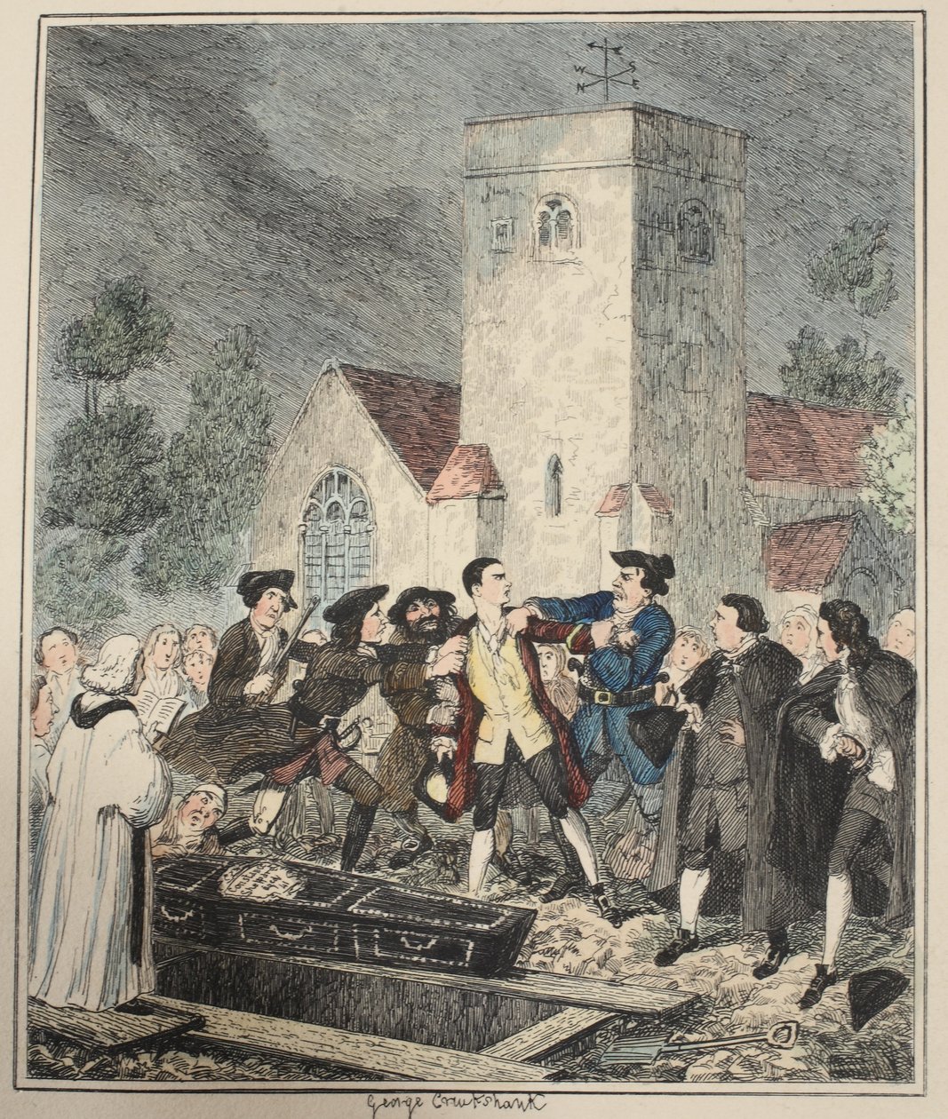 Jonathan Wild apreendendo Jack em seu funeral de mães em Willesden Churchyard, ilustração de Jack Sheppard: um romance por William Harrison Ainsworth, publicado em 1839 (gravura colorida à mão) de George Cruikshank