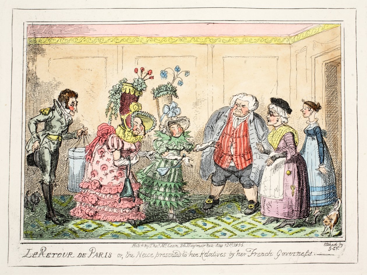 Le Retour de Paris, ou, o sobrinho apresentado a seus parentes por sua governanta francesa, pub. 1835 (gravura colorida à mão) de George Cruikshank