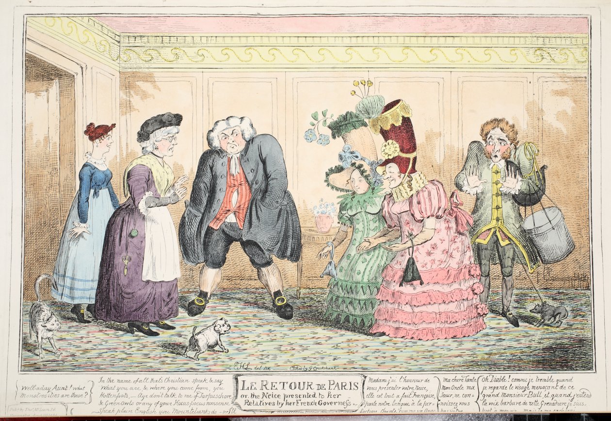 Le Retour de Paris, ou, a sobrinha apresentada aos seus parentes por sua governanta francesa, 1816 (gravura colorida à mão) de George Cruikshank