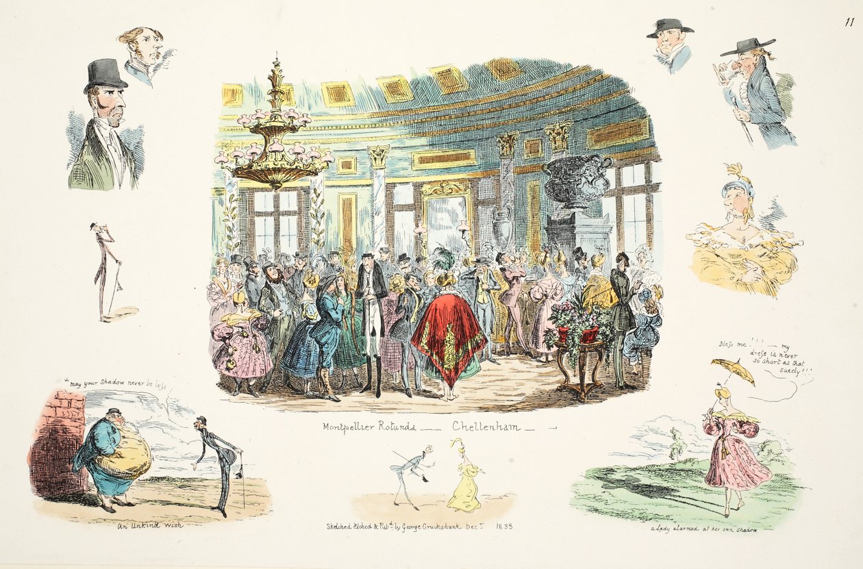 Rotunda de Montpellier, Cheltenham, pub. 1833 (gravura colorida à mão) de George Cruikshank