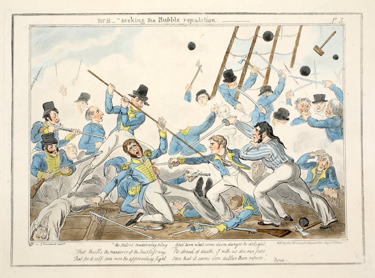 Sr. B - Buscando a reputação da bolha, de O Progresso de um Amanhã, 1835 (gravura colorida à mão) de George Cruikshank