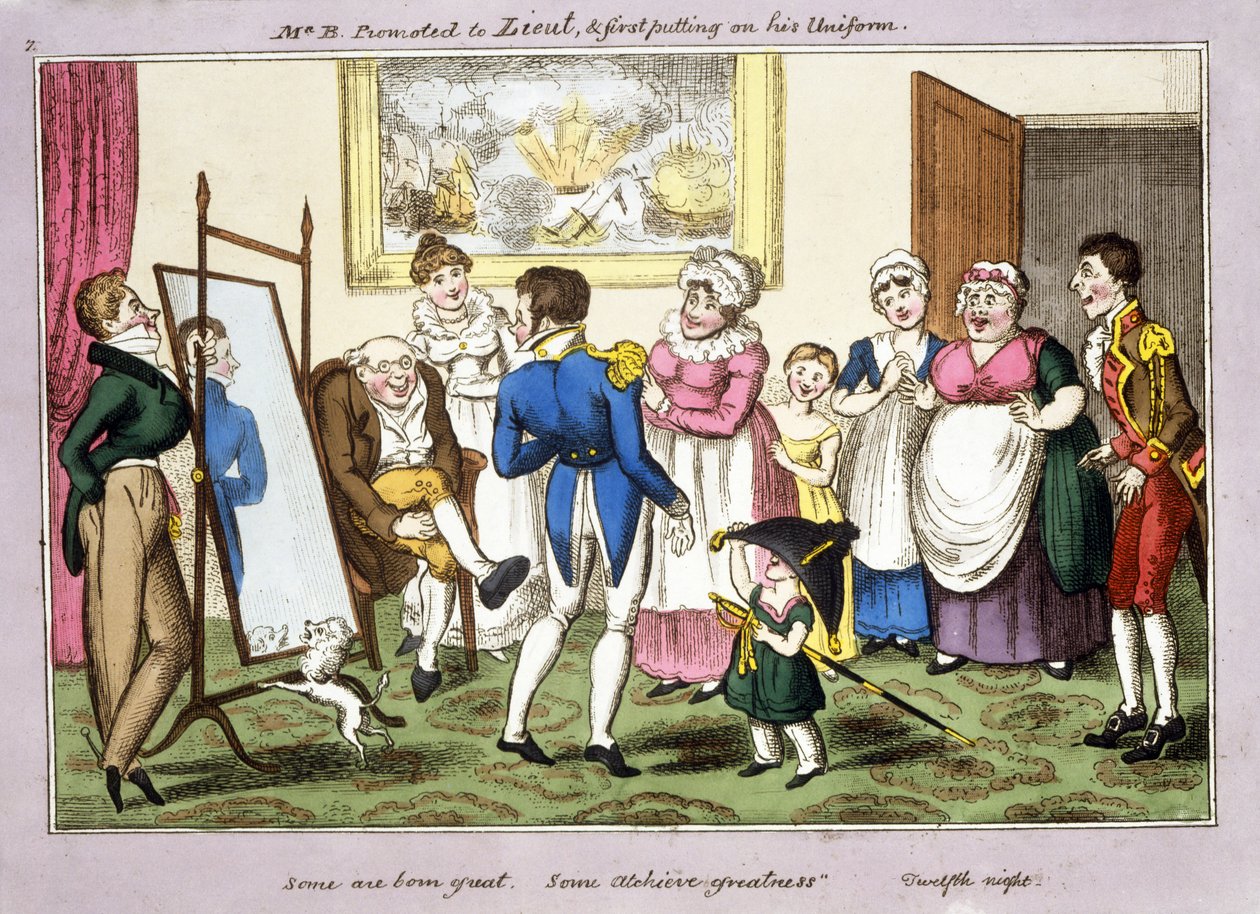 B. promoveu a Lieut. e primeiro colocando seu uniforme, 1835 (aquatinta colorida à mão) de George Cruikshank