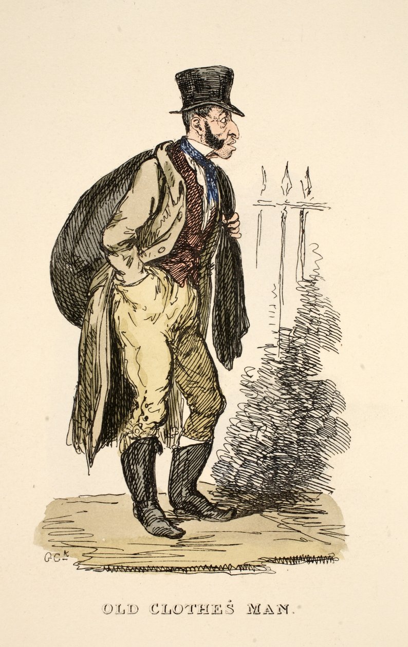 Homem de roupa velha de &39;The Gentleman&39;s Pocket Magazine&39;, pub. 1827 (gravura colorida à mão) de George Cruikshank