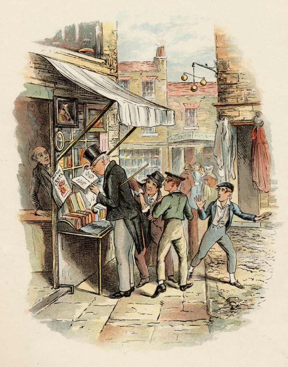 Oliver surpreendeu-se com o modo do Dodger de "Indo para o Trabalho", de "As Aventuras de Oliver Twist", de Charles Dickens (1812-1870) 1838, publicado por Chapman und Hall, 1901 (cor lito) de George Cruikshank