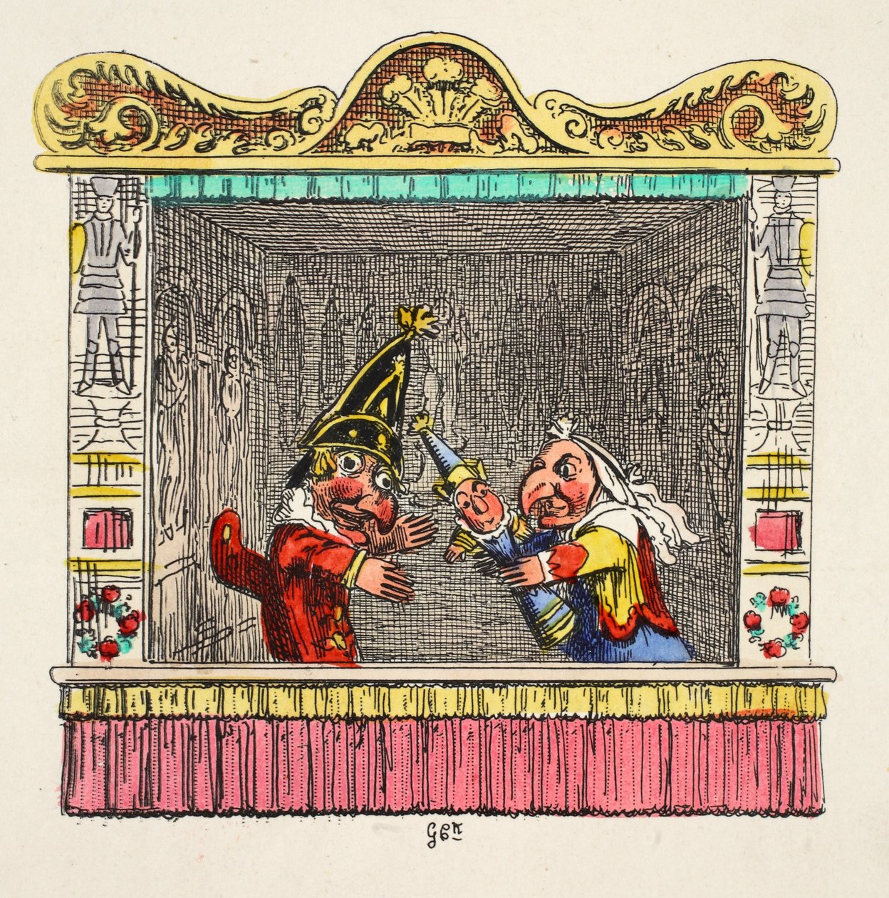 Punch e Judy com a criança de &39;Punch and Judy&39;, pub. 1827 (gravura colorida à mão) de George Cruikshank