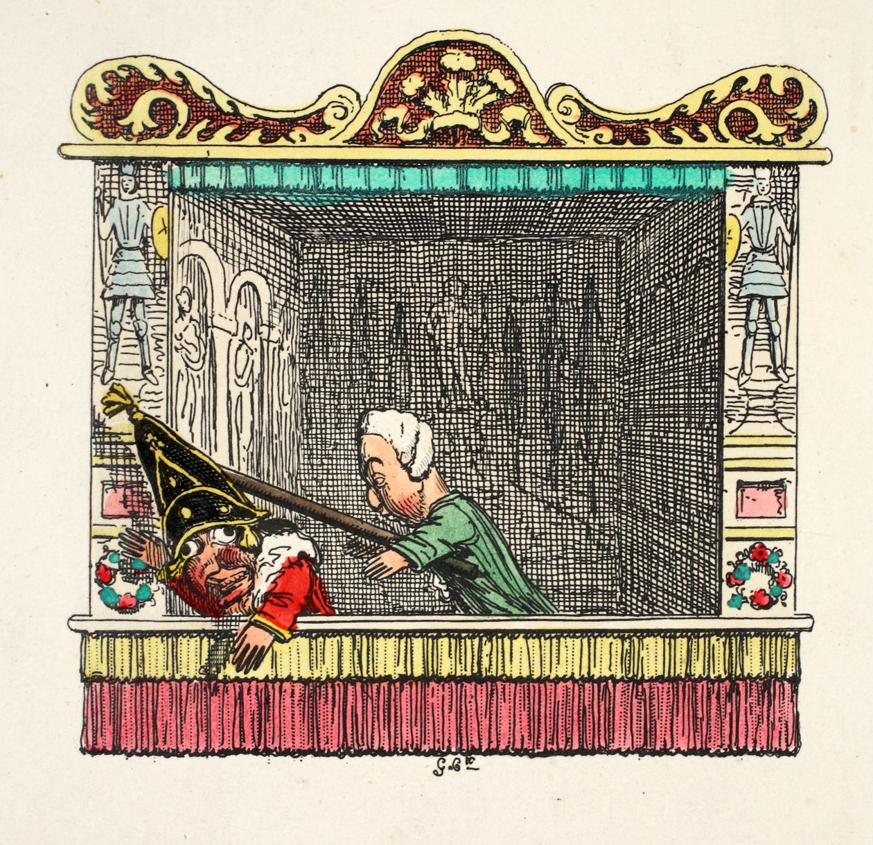 Soco sendo atingido por trás pelo médico de &39;Punch and Judy&39;, pub. 1827 (gravura colorida à mão) de George Cruikshank