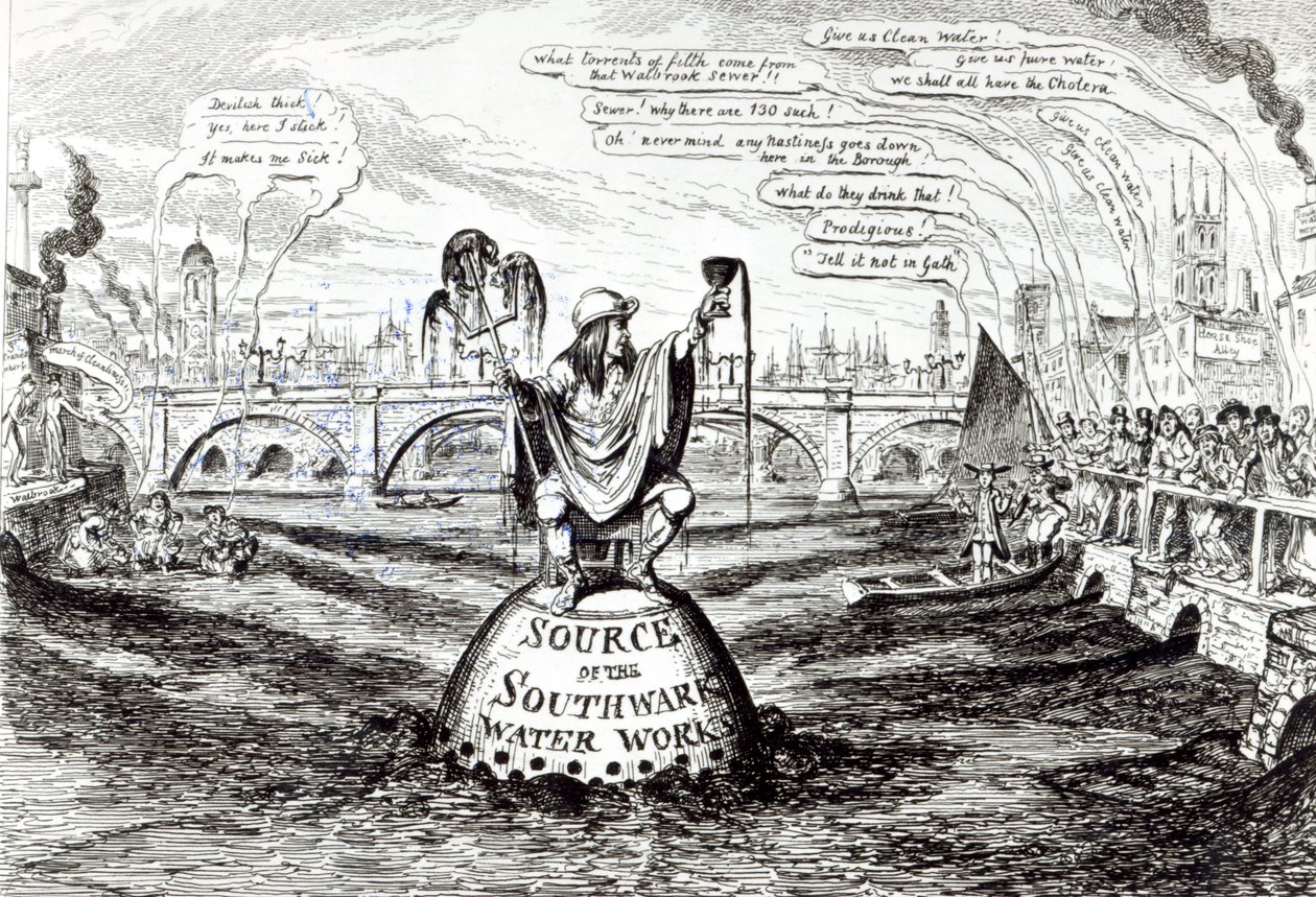 Desenhos animados satíricos sobre a companhia da água de Southwark, 1832 de George Cruikshank