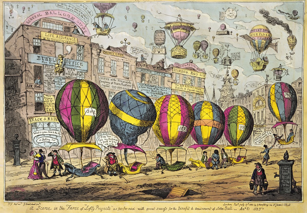 Cena na Farce &39;Lofty Prospects&39; como realizada com grande sucesso para o benefício e diversão de John Bull, 1825 (gravura a cores) de George Cruikshank
