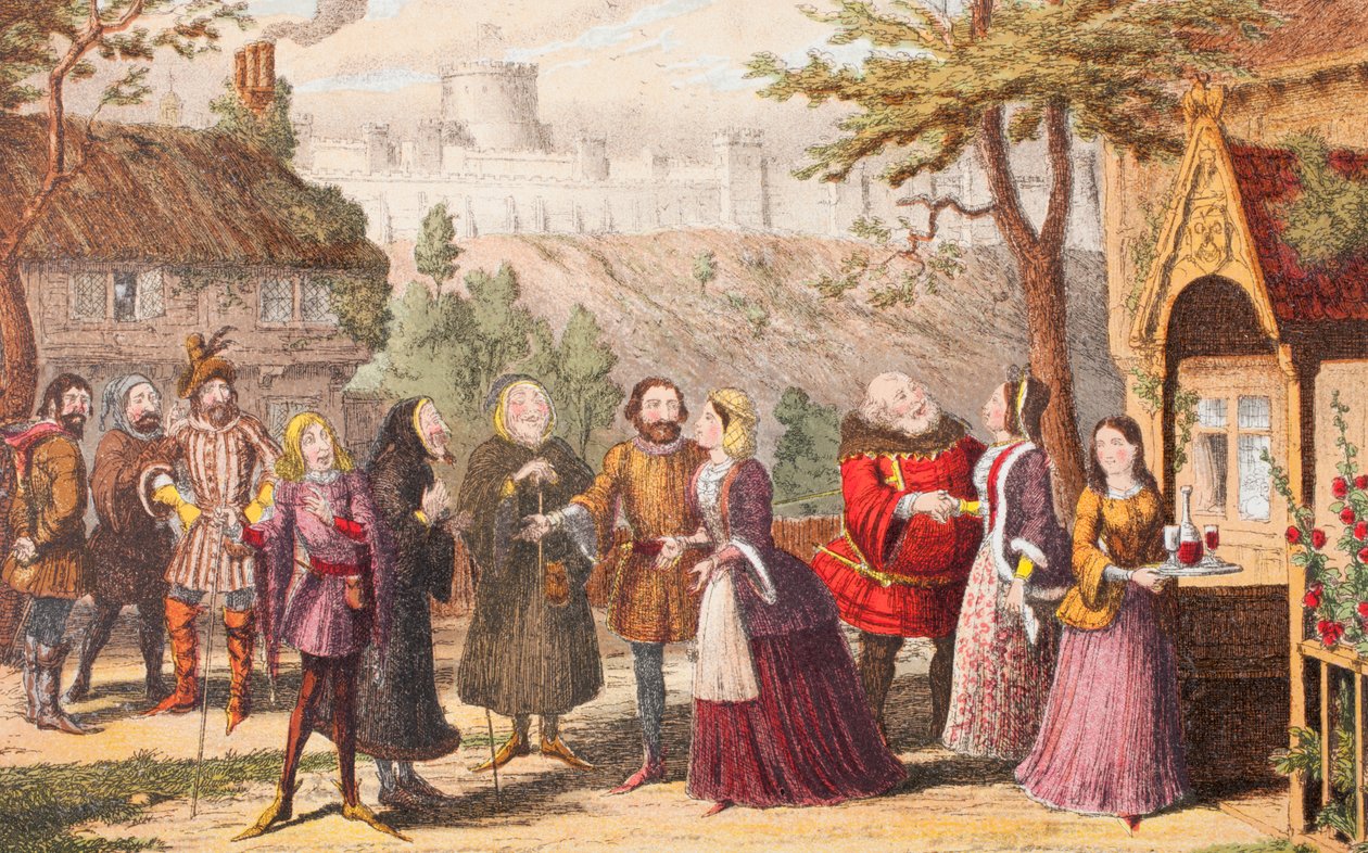 Sir John Falstaff em visita a sua amiga Page em Windsor, ilustração de The Merry Wives of Windsor, de &39;The Illustrated Library Shakespeare&39;, publicada em Londres, 1890 de George Cruikshank