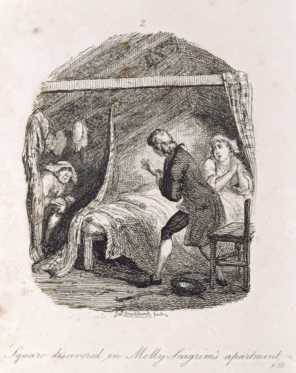 Square descoberto no apartamento de Molly Seagrim, de "Tom Jones, a História de um Enjeitado", gravado pelo artista, ilustração de "As Obras de Henry Fielding", pub. por Henry G. Bohn, 1853 de George Cruikshank