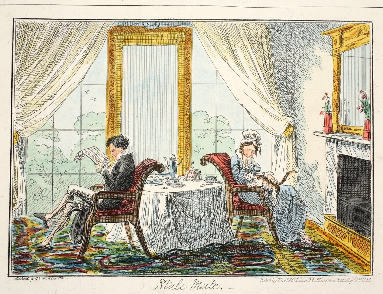 Stale Mate, pub. 1835 (gravura colorida à mão) de George Cruikshank